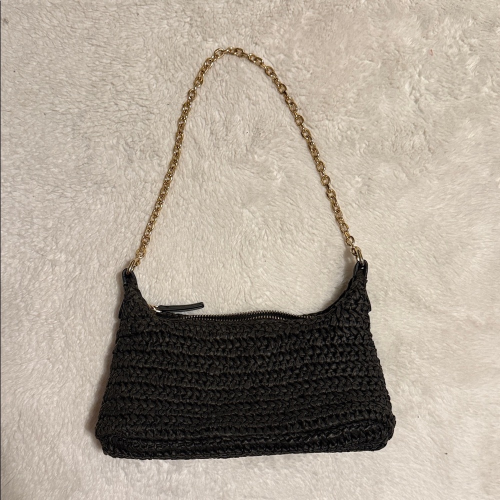 Mango Black Crochet Shoulder Bag with Gold Chain